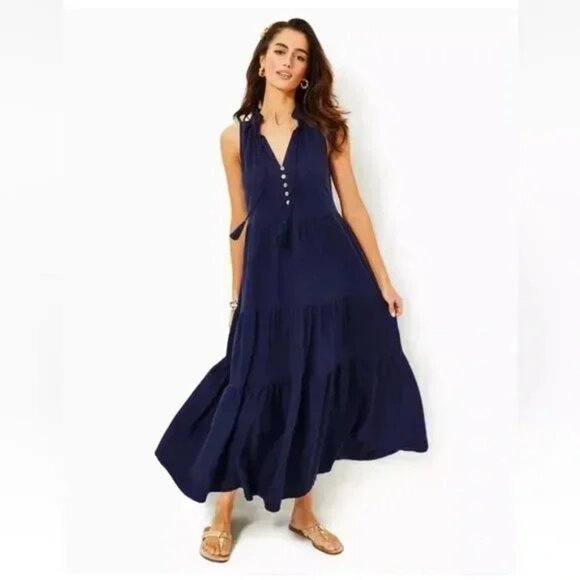 NEW NWOT Lilly Pulitzer Malone 100% Cotton Maxi Dress Navy Blue Size Small - Picture 4 of 4